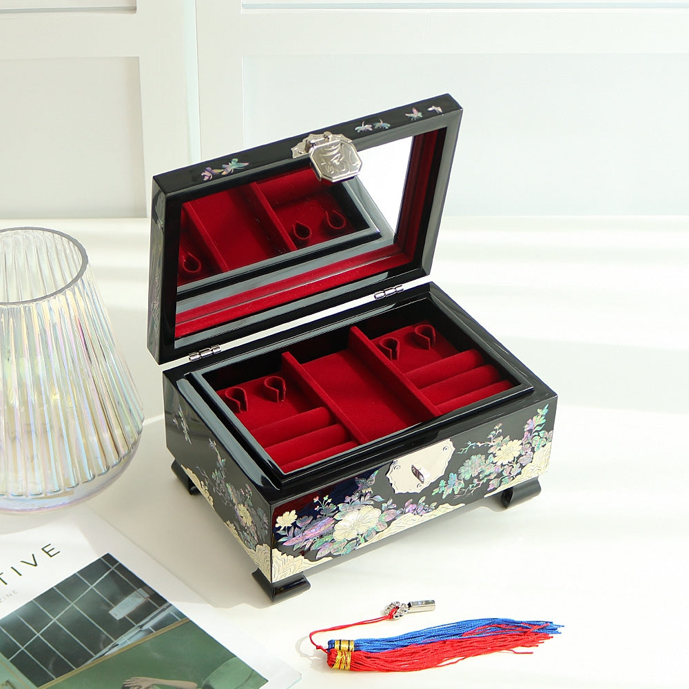 Masterpiece Najeonchilgi Peony & Pearl 2-Tier Mother of Pearl Jewelry Box Yedan Wedding Gift Box, 24 cm (Master Artisan Hong Seok-pyo)