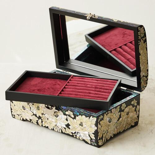 Blue mother of pearl peony jewelry box, 30 cm - peony lid detail