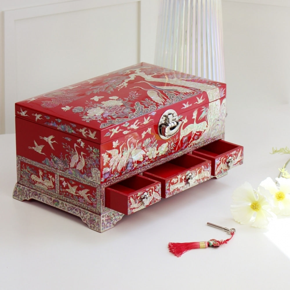 Premium Najeonchilgi Drawer Flower Pine & Crane Saju Jewelry Box Red Jewelry Box Yedan Wedding Gift Box, 32 cm