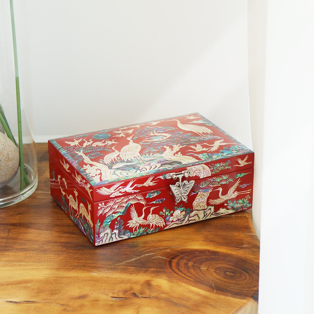 Najeonchilgi Pine & Crane 1-Tier Mother of Pearl Jewelry Box, 18 cm
