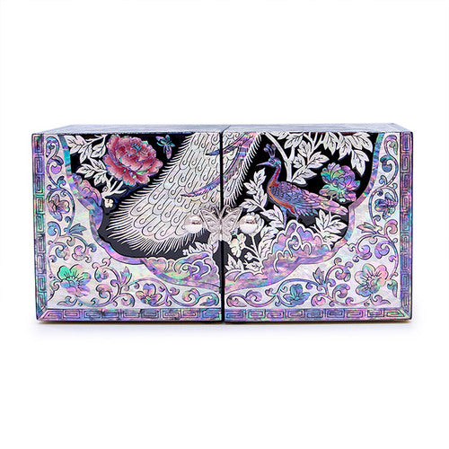 Peacock Double Lidded Mother of Pearl Jewelry Box (Medium, Black) - Oh Myung - Ho