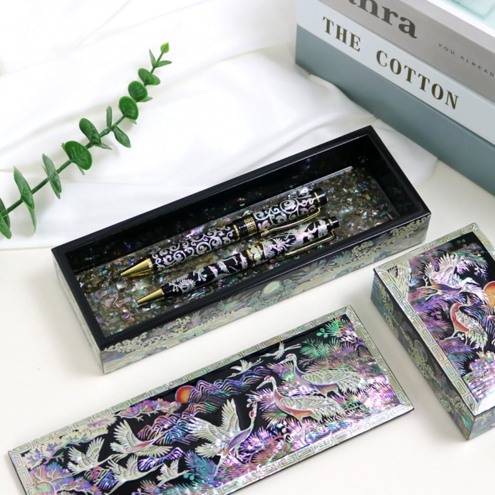 2-Piece Set: Premium Najeon New Pine & Crane Black Business Card Pen Case Set (Master Artisan Jang Tae-bok)