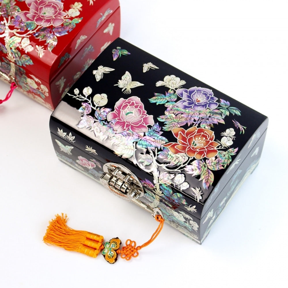Premium 2-Tier Najeonchilgi Rounded Peony Mother of Pearl Jewelry Box, 18 cm (Master Artisan Jang Tae-bok)