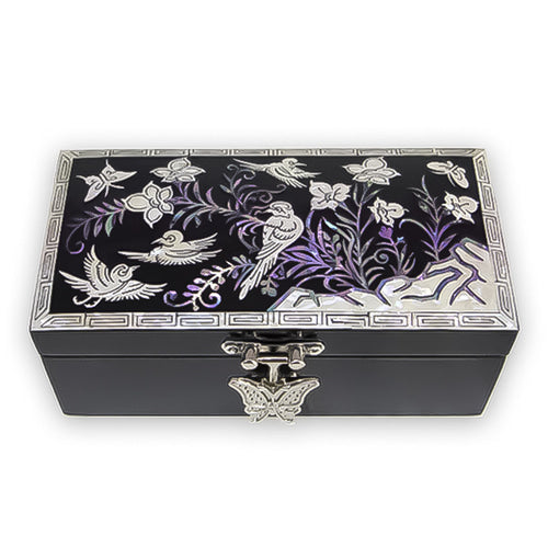 Joseon Mother of Pearl Straight - Sided Jewelry Box - Peony, Crane & Pine, Butterfly, Flowers & Birds Motif (1-Tier, Oh Myung - Ho)