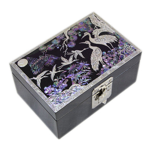 Joseon Mother of Pearl Straight Turtle Jewelry Box (1-Tier, Oh Myung - Ho) - Crane & Pine, Peony Motif