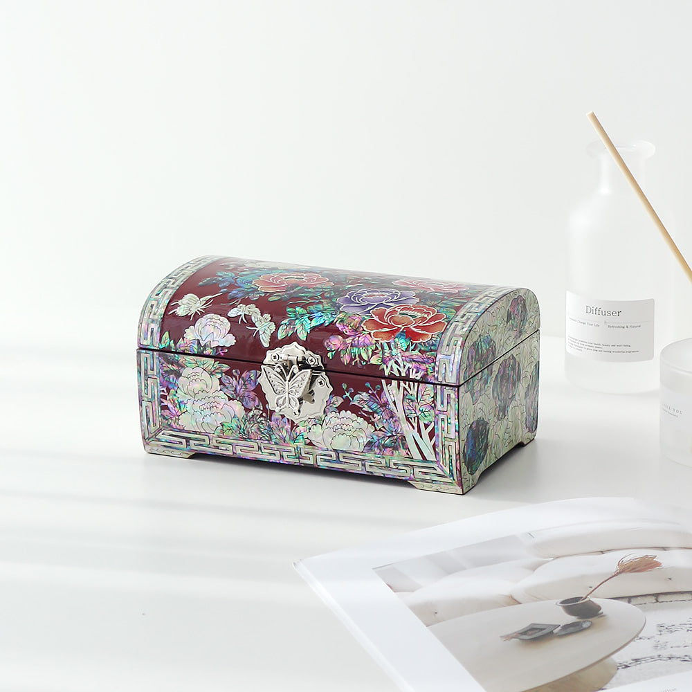 Najeonchilgi Peony Garden Rounded Mother of Pearl Jewelry Box, 18 cm
