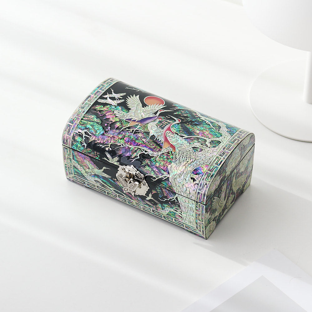 Najeonchilgi Pine & Crane Rounded Mother of Pearl Jewelry Box, 18 cm