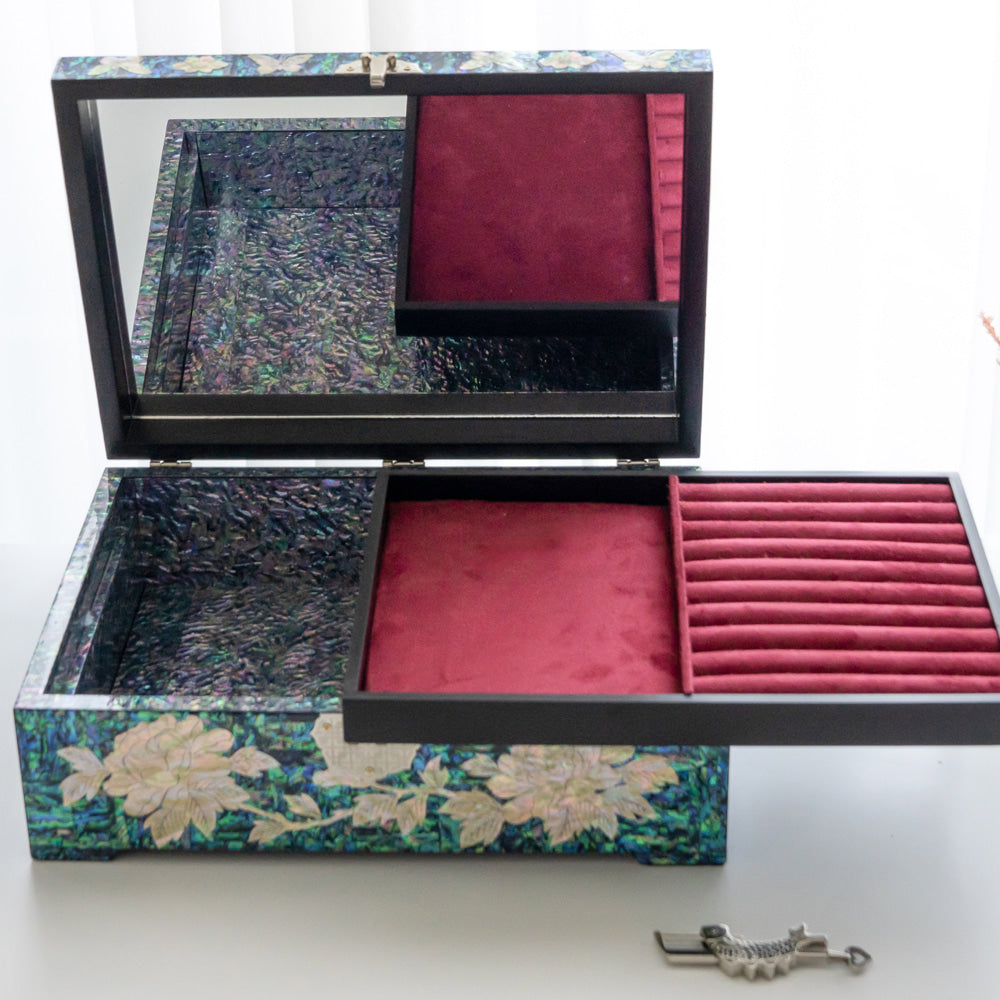 Peony 2-Tier Najeonchilgi Mother of Pearl Jewelry & Document Box, 34 cm