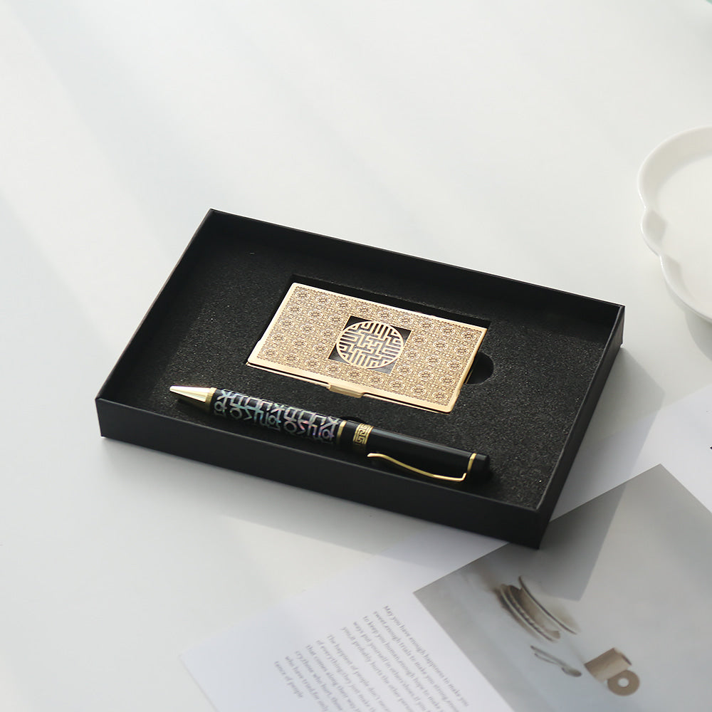 2-Piece Set: Metal Gold Mother of Pearl Business Card Case Hangul Lattice Mother of Pearl Pen Set (Lower Inlay)