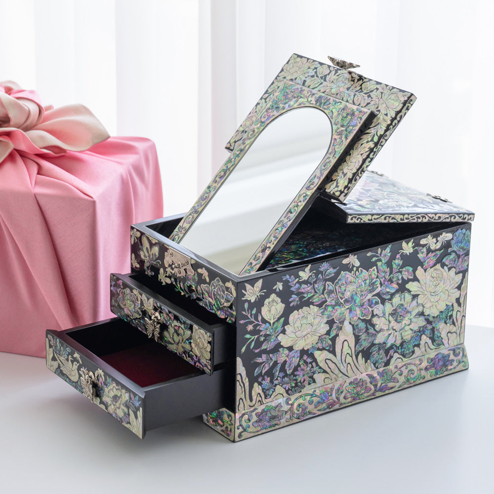Premium Najeonchilgi lacquerware 5-Drawer Mother of Pearl Jewelry Box大 (Matte, Black)