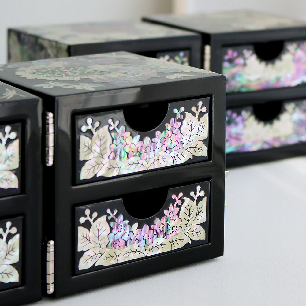 Najeonchilgi Hydrangea Double-Lidded Mother of Pearl Jewelry Box Black (Master Artisan Jang Tae-bok)