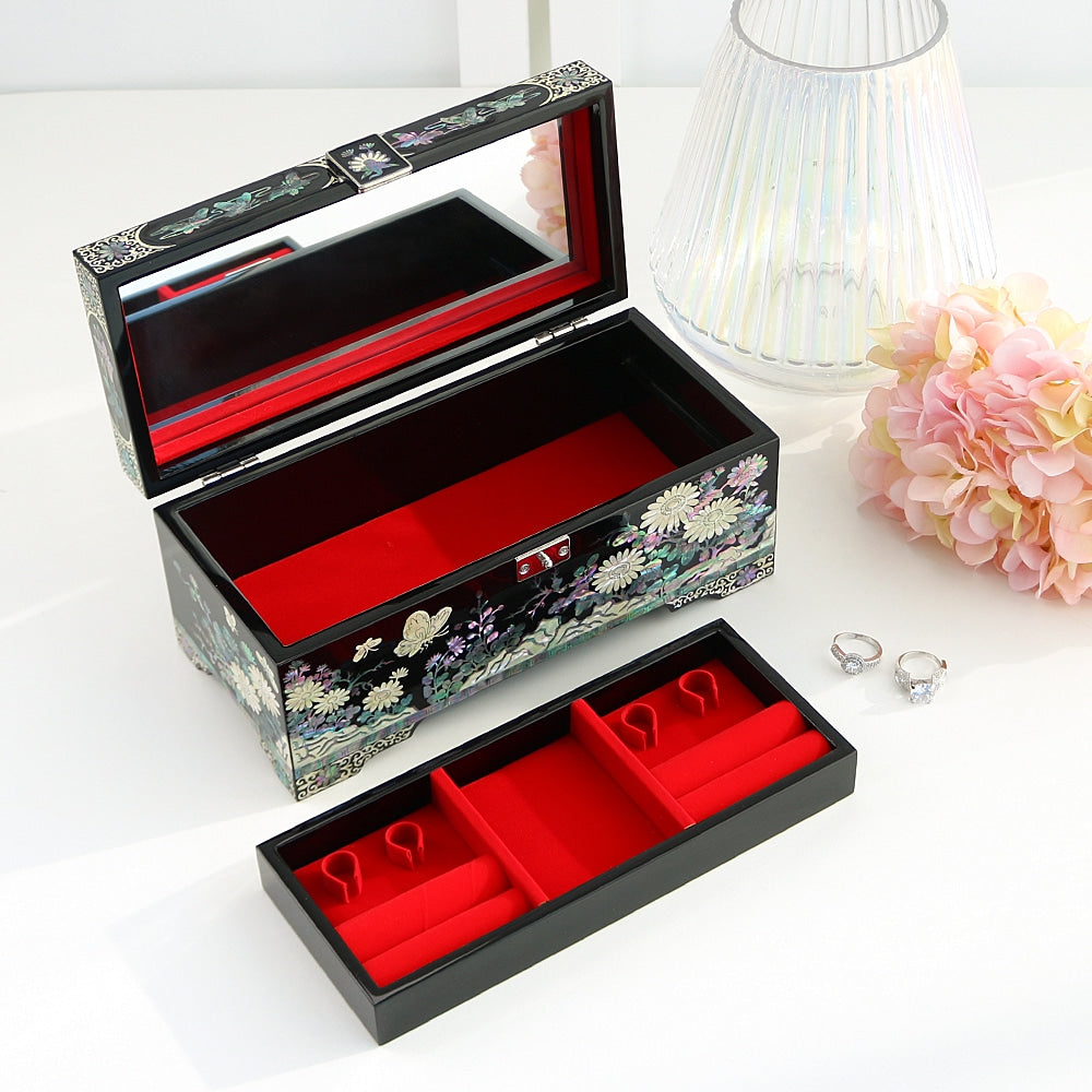 Premium Peony & Butterfly Najeonchilgi 2-Tier Mother of Pearl Jewelry Box, 24 cm (Master Artisan Hong Seok-pyo)