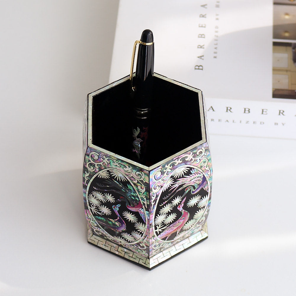 Premium Najeon Hexagonal Pine & Crane Black Pen Holder Pencil Holder (Master Artisan Jang Tae-bok)