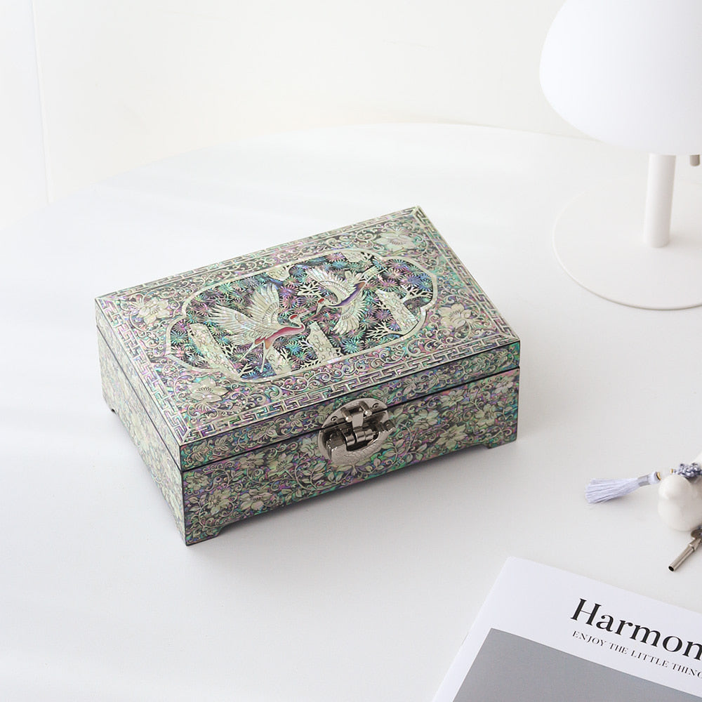 Najeonchilgi 2-Tier Joseon Style Mother of Pearl Jewelry Box Pine & Crane Black, 24 cm (Master Artisan Jang Tae-bok)