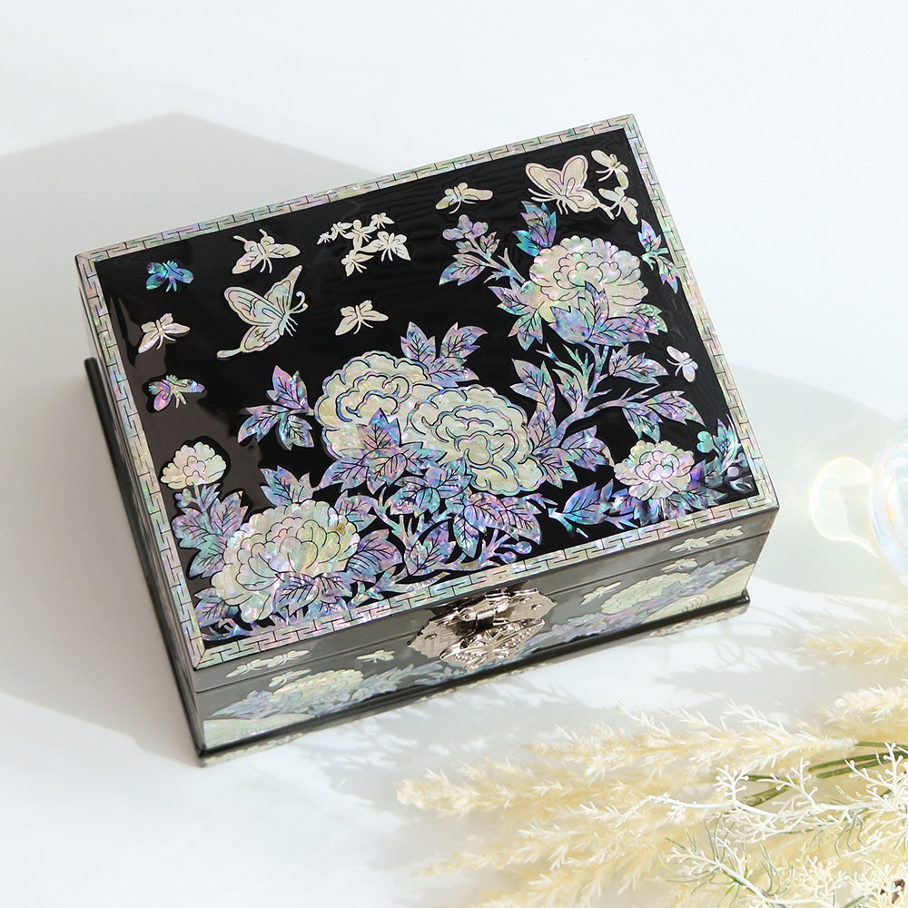 Najeonchilgi Peony Flower 2-Tier Mother of Pearl Jewelry Box Black, 18 cm
