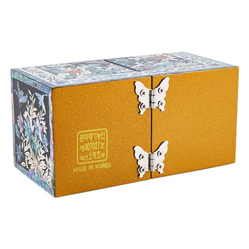 Square Flowers & Birds Double Lidded Mother of Pearl Jewelry Box (Small, Black)