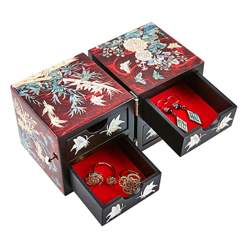 Four Gracious Plants Hanji Double Lidded Mother of Pearl Jewelry Box (Medium, Glossy, Red)