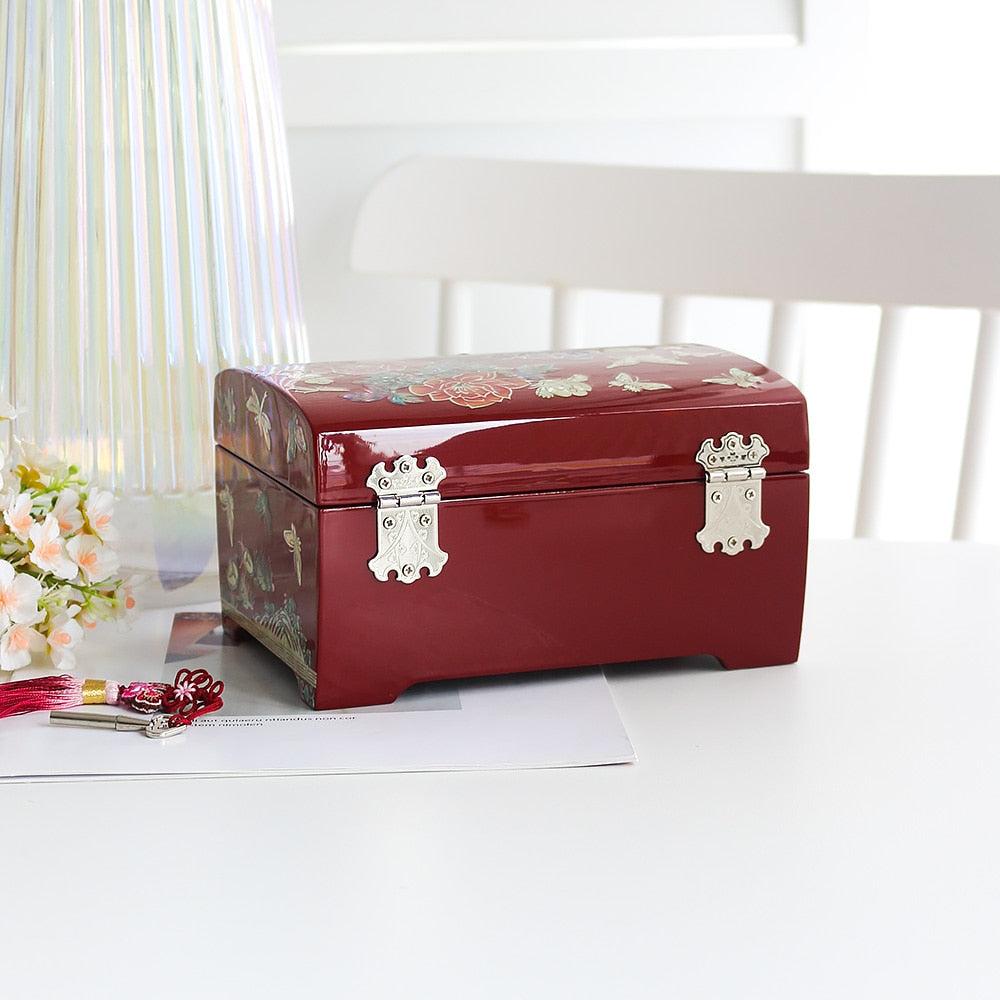 Premium 2-Tier Najeonchilgi Rounded Peony Red Mother of Pearl Jewelry Box, 18 cm (Master Artisan Jang Tae-bok)