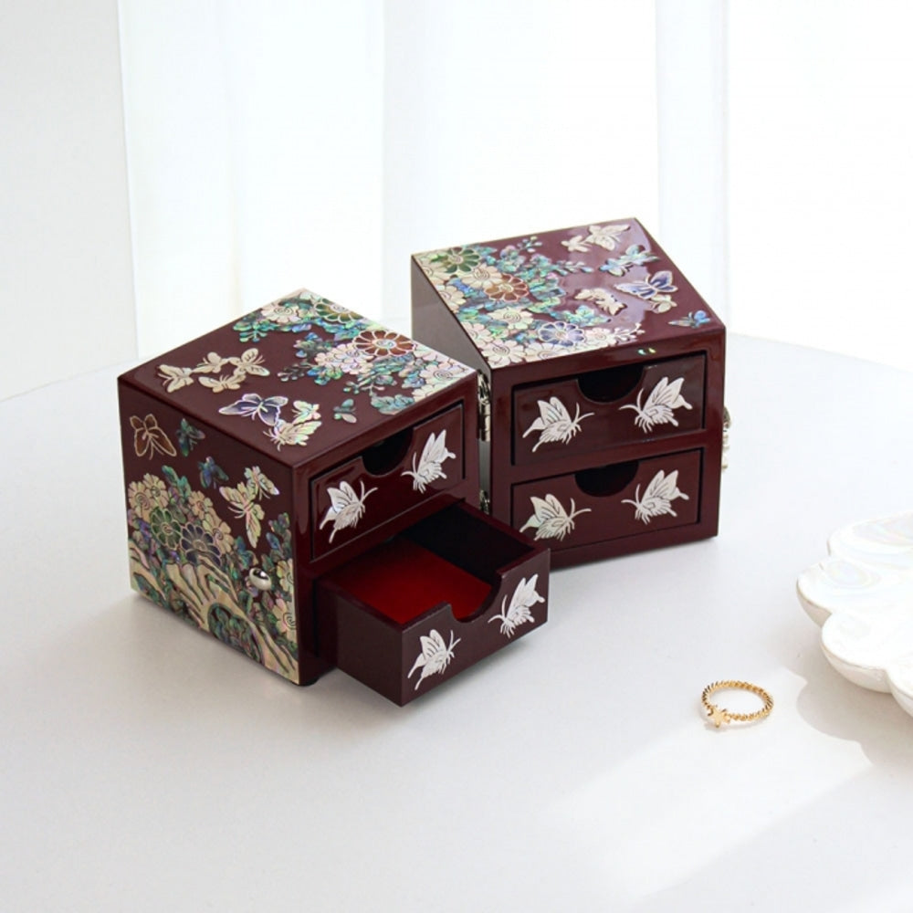 Premium Najeonchilgi Mini Double-Lidded Small (Butterfly Chrysanthemum) Secret Mother of Pearl Jewelry Box