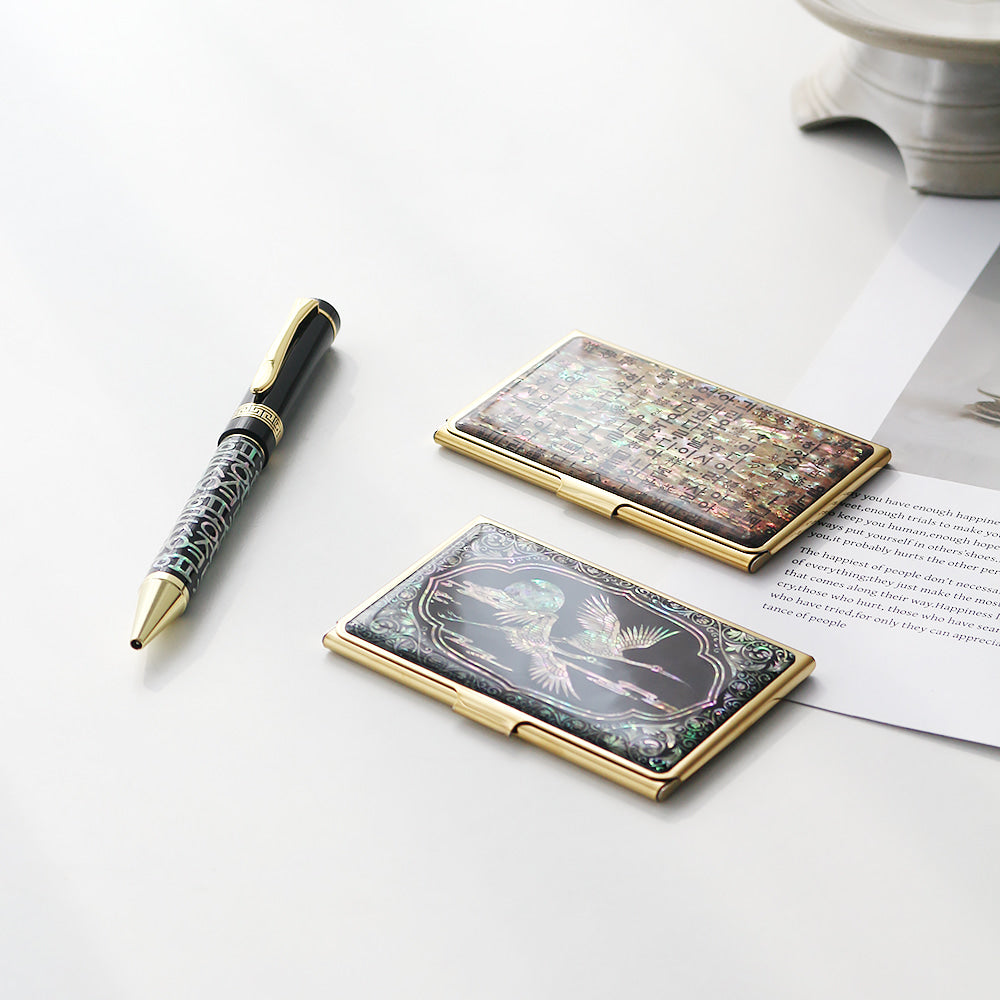 2-Piece Set: Gold Mother of Pearl Business Card Case N Hangul Lattice Mother of Pearl Pen Set (Lower Inlay)