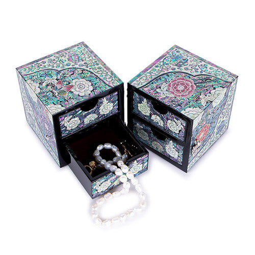 Peony Oval Border Double Lidded Mother of Pearl Jewelry Box (Large)