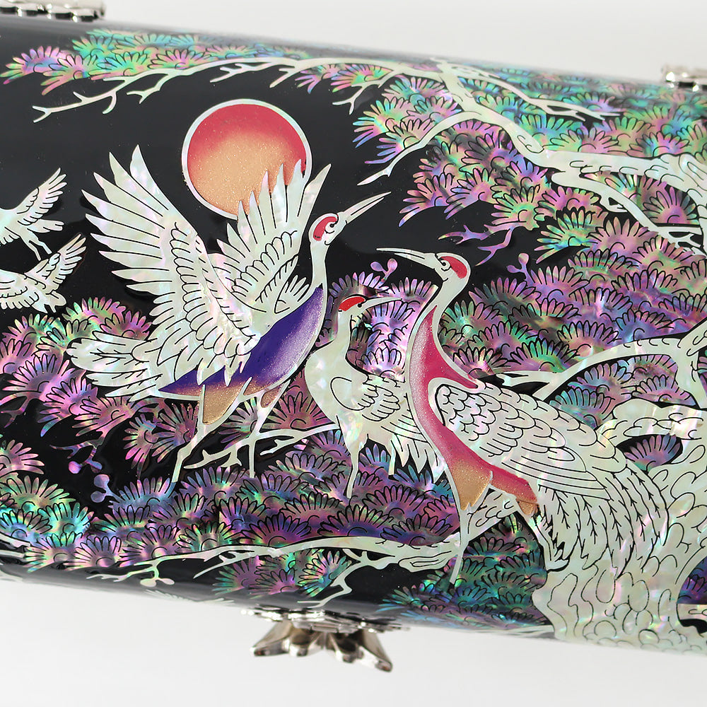 Najeonchilgi Pine & Crane Rounded Mother of Pearl Jewelry Box, 18 cm