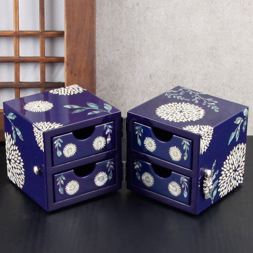 Premium Mother of Pearl ChrysanthemumFlower Double Lidded Jewelry Box (Glossy, Small) - Red, Blue