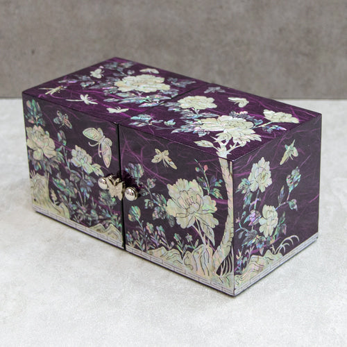 Peony Hanji Double Lidded Mother of Pearl Jewelry Box (Medium, Purple)