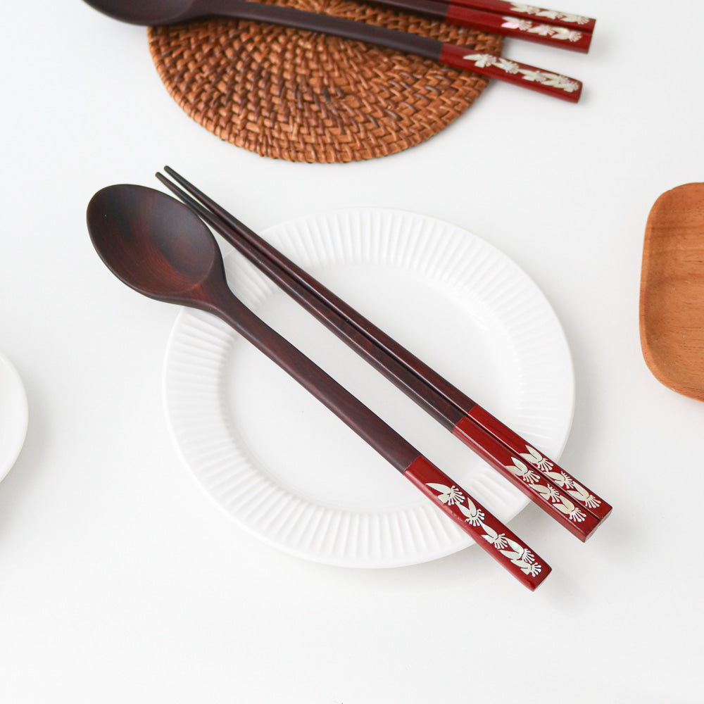 Masterpiece Najeon Ottchil Lacquer Rose Spoon & Chopsticks Set (Butterfly) (Master Artisan Jang Tae-bok)