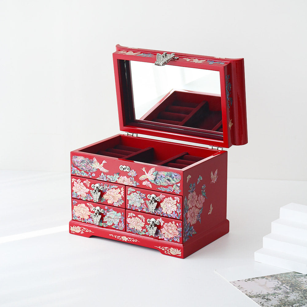 Najeonchilgi Peacock Flower 4-Tier Drawer Mother of Pearl Jewelry Box (Medium)