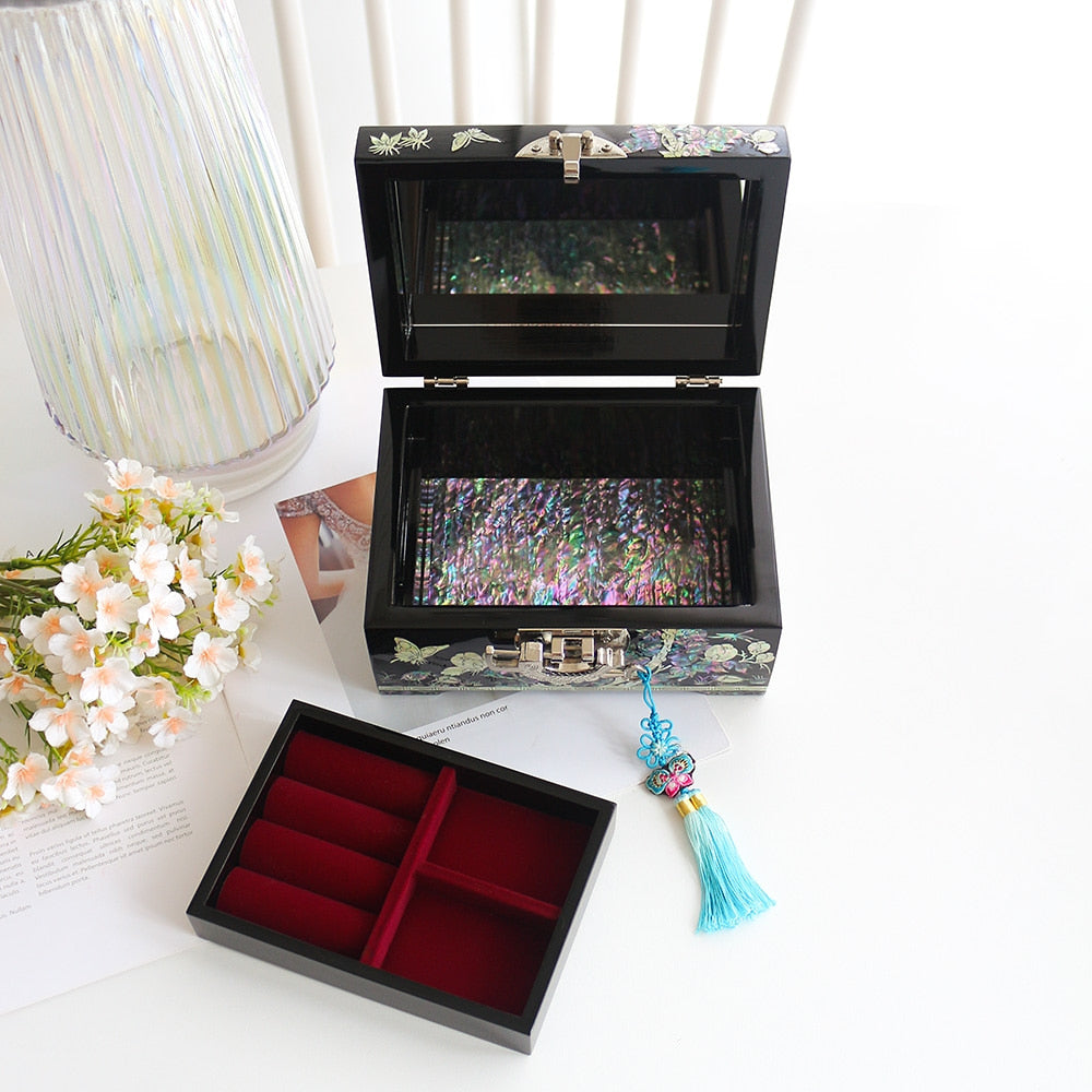 Premium 2-Tier Najeonchilgi Rounded Peony Black Mother of Pearl Jewelry Box, 18 cm (Master Artisan Jang Tae-bok)