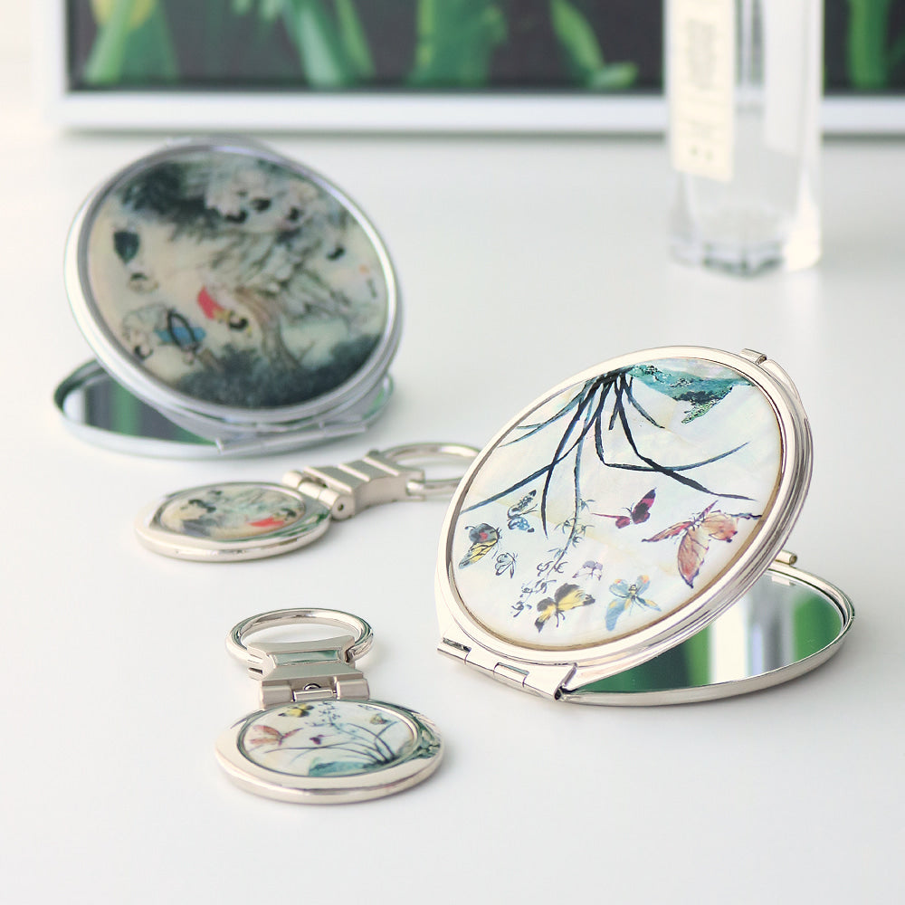 2-Piece Set: Mother of Pearl Hand Mirror Keyring N