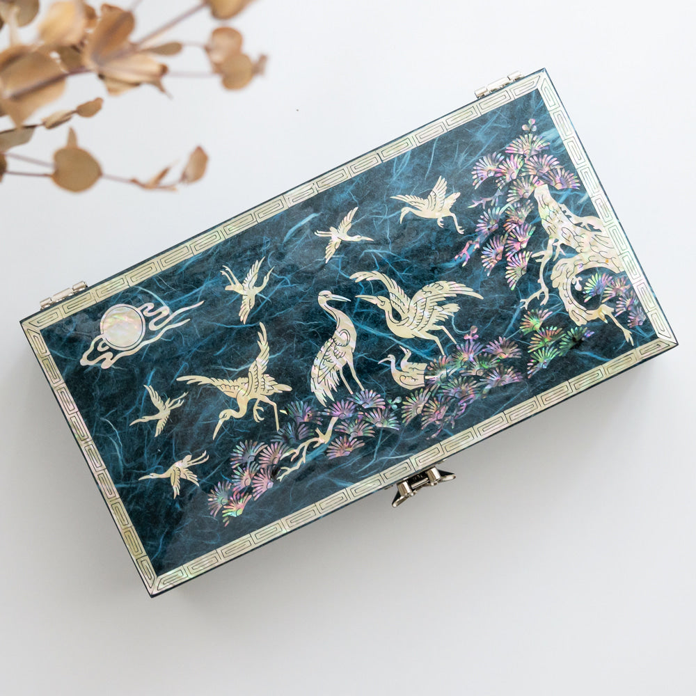 Hanji Crane & Pine 1-Tier LeftJewelry Box (Blue) - Oh Myung - Ho