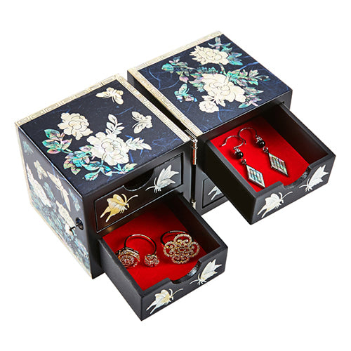 Peony Cloud Pattern Border Hanji Double Lidded Mother of Pearl Jewelry Box (Small, Glossy, Blue)