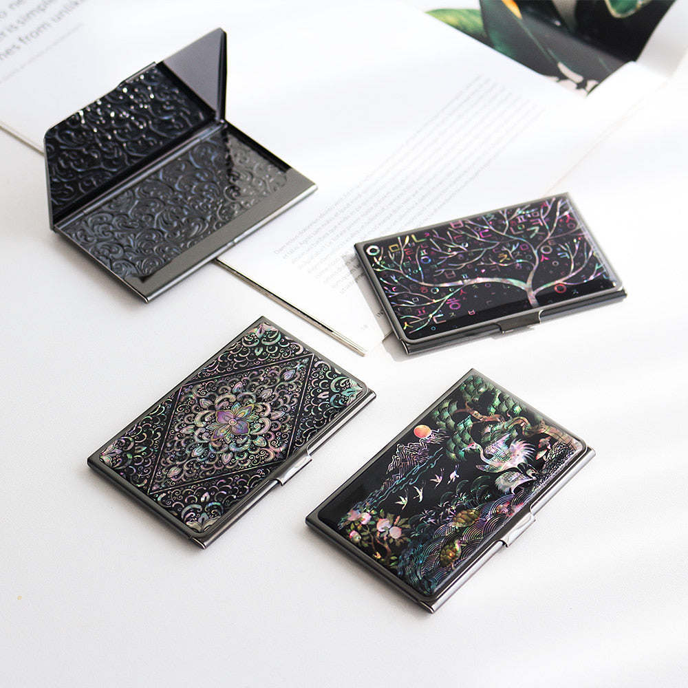 2-Piece Set: Black Mother of Pearl Business Card Case N Gift Mother of Pearl Pen