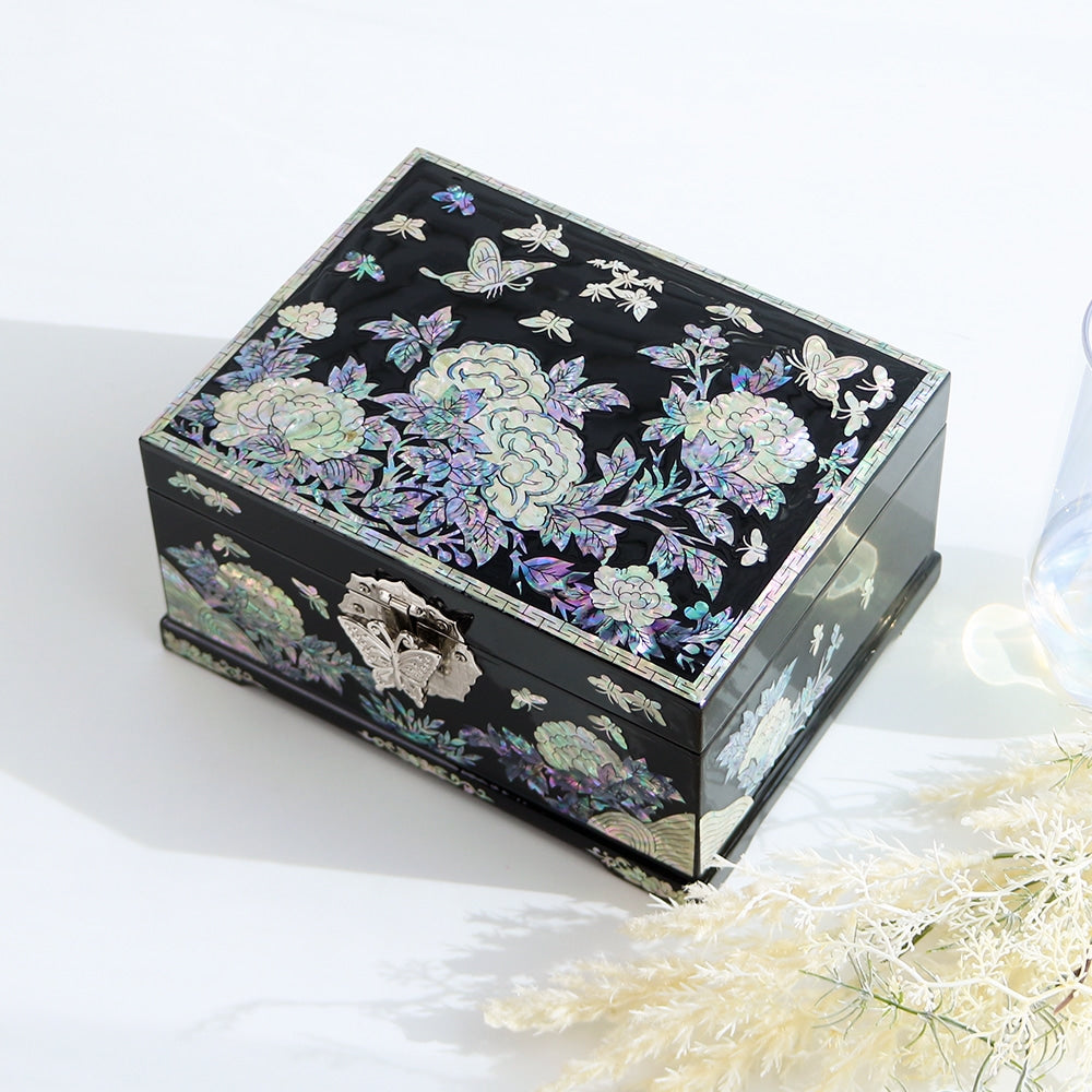 Najeonchilgi Peony Flower 2-Tier Mother of Pearl Jewelry Box Black, 18 cm