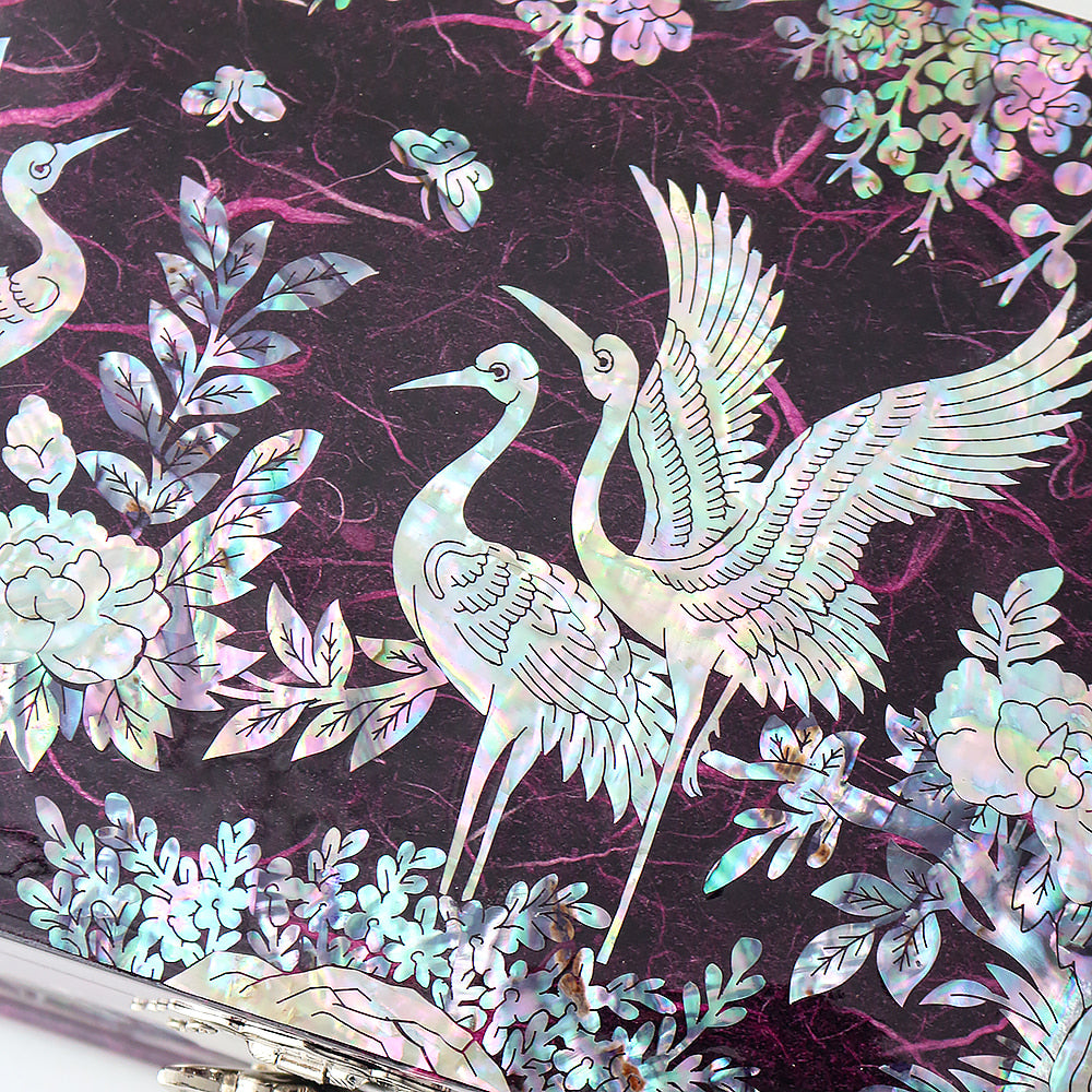 Najeonchilgi Hanji Flower Pine & Crane 2-Tier Mother of Pearl Jewelry Box, 21 cm