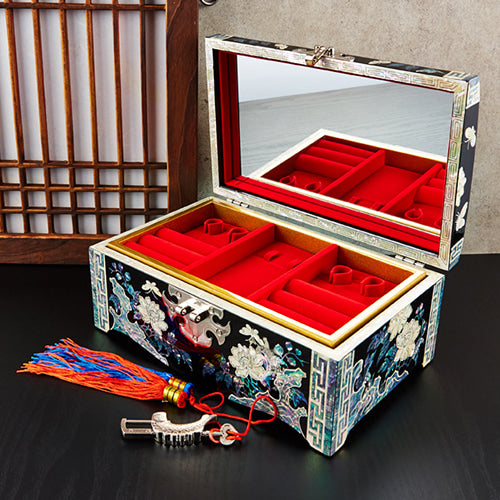 Peony Straight Rounded Mother of Pearl Jewelry Box (No. 8, Black)