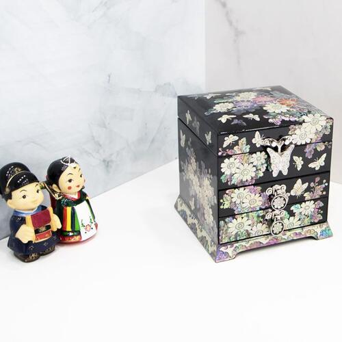 Painted Chrysanthemum 3-TierDrawer Mother of Pearl Jewelry Box