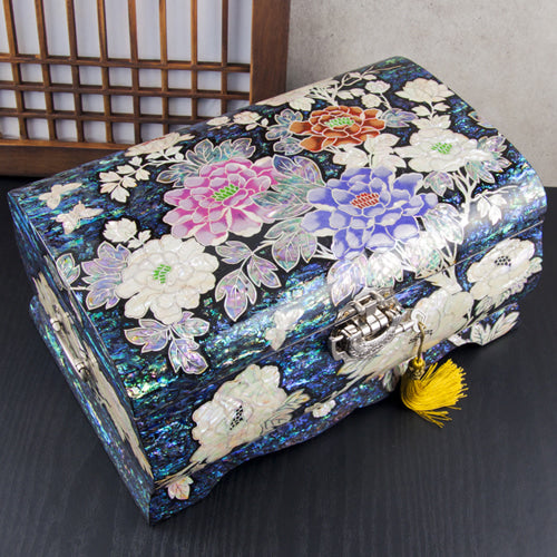 Peony Flower Blue Mother of Pearl Panel 2-Tier Jewelry Box (Large) - by Park In-ho