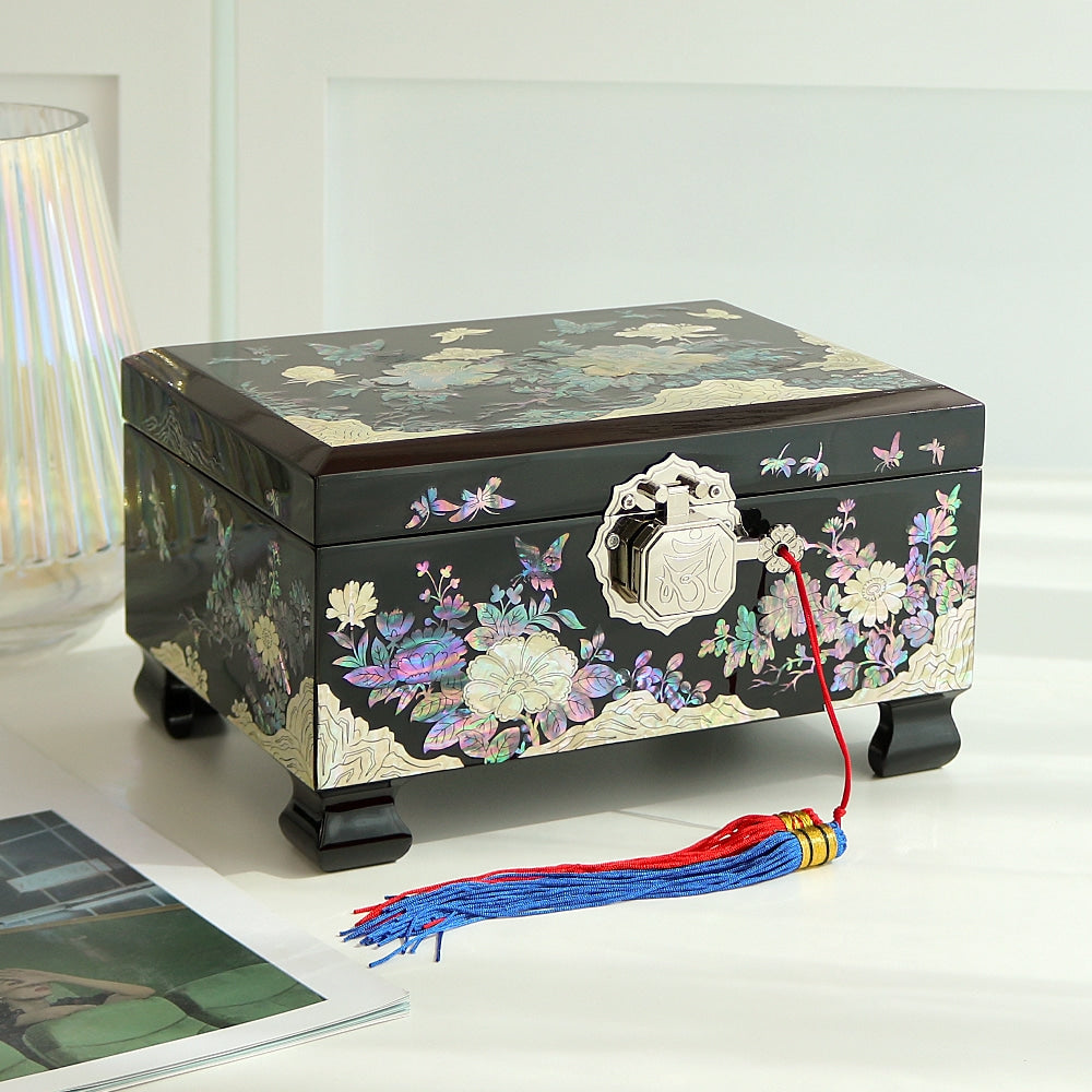 Masterpiece Najeonchilgi Peony & Pearl 2-Tier Mother of Pearl Jewelry Box Yedan Wedding Gift Box, 24 cm (Master Artisan Hong Seok-pyo)