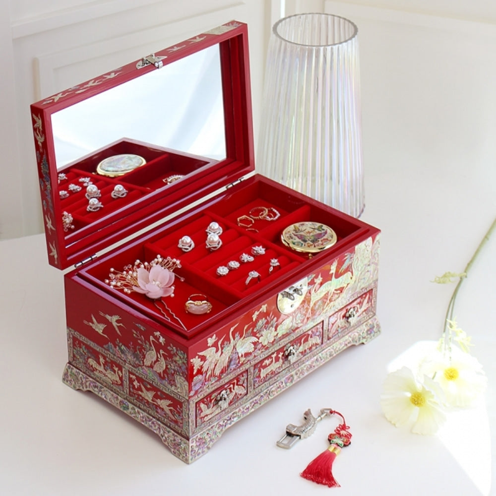 Premium Najeonchilgi Drawer Flower Pine & Crane Saju Jewelry Box Red Jewelry Box Yedan Wedding Gift Box, 32 cm