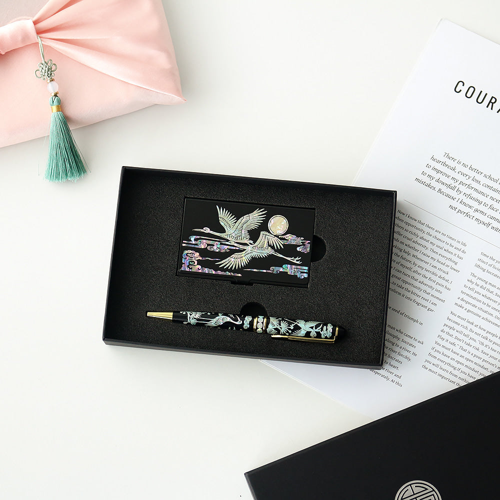 2-Piece Set: Carved Mother of Pearl Business Card Case Pine & Crane Mother of Pearl Pen Set
