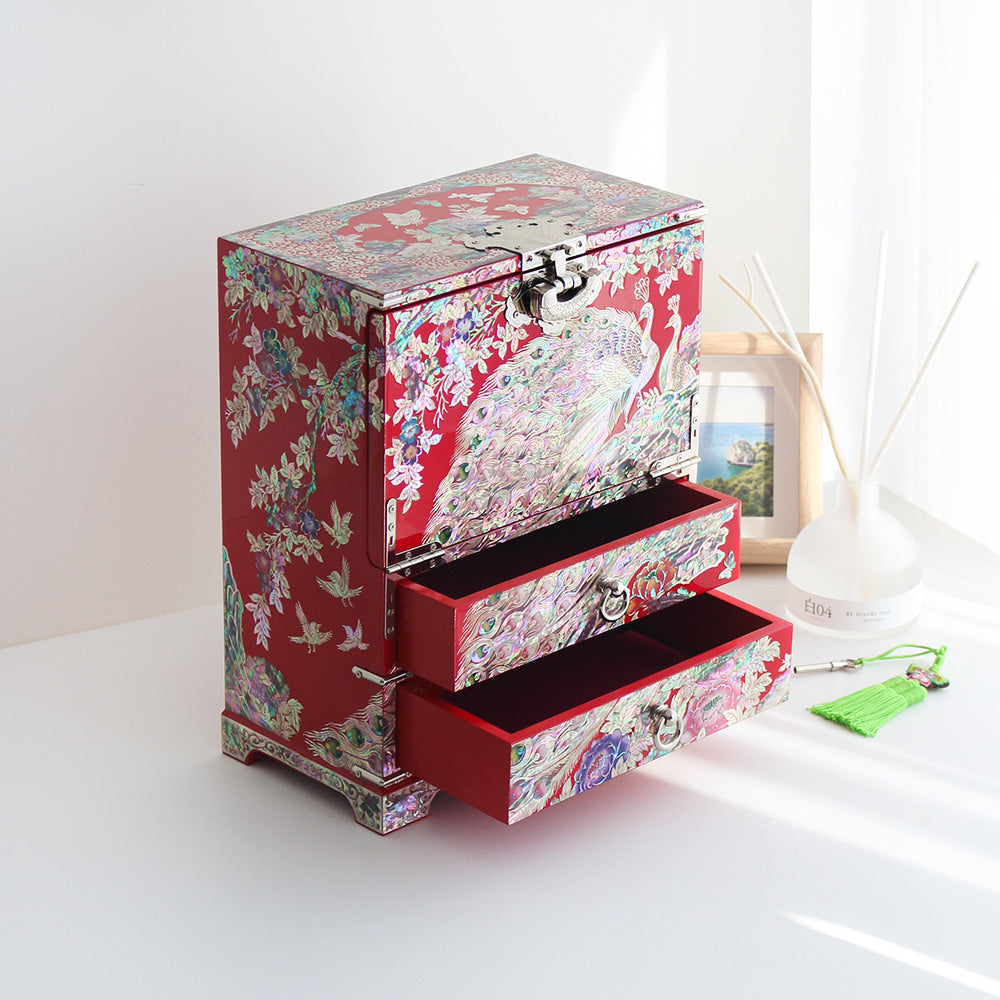Masterpiece Najeonchilgi Peacock Drawer Mother of Pearl Jewelry Box Red Jewelry Box (Master Artisan Jang Tae-bok)