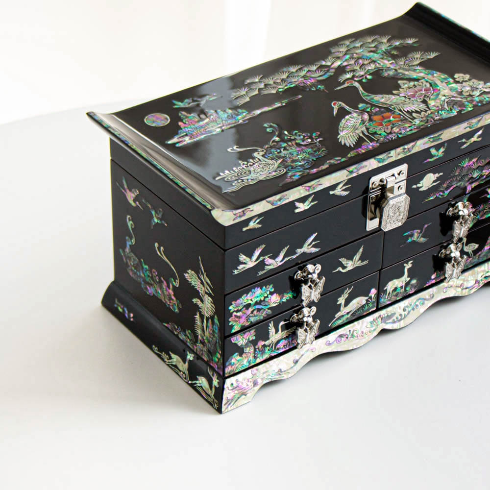 Premium Najeonchilgi Vanity Mirror 4-Tier Pine & Crane Drawer Mother of Pearl Jewelry Box, 25 cm (Master Artisan Hong Seok-pyo)