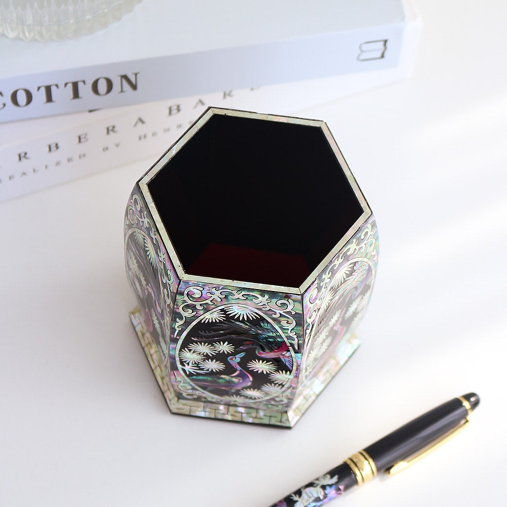 Premium Najeon Hexagonal Pine & Crane Black Pen Holder Pencil Holder (Master Artisan Jang Tae-bok)