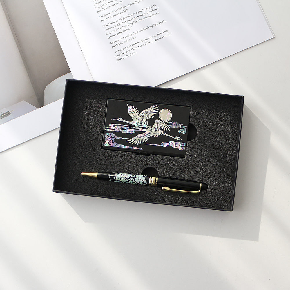2-Piece Set: Carved Business Card Case K Mother of Pearl Pen Set
