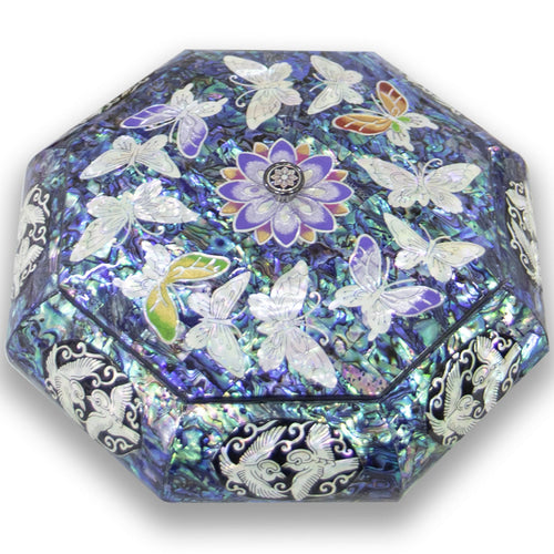 연FlowerCrane Blue Mother of Pearl Panel Knob Octagonal Multi-Purpose Box (Candy Bowl) - by by Park In-ho