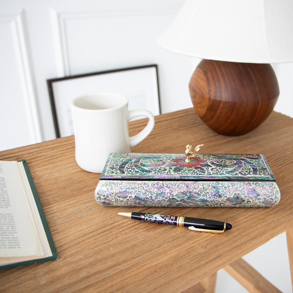 Phoenix Mother of Pearl Business Card & Pen Holder Set — by Master Artisan Kwak Jang-sun - OF0234