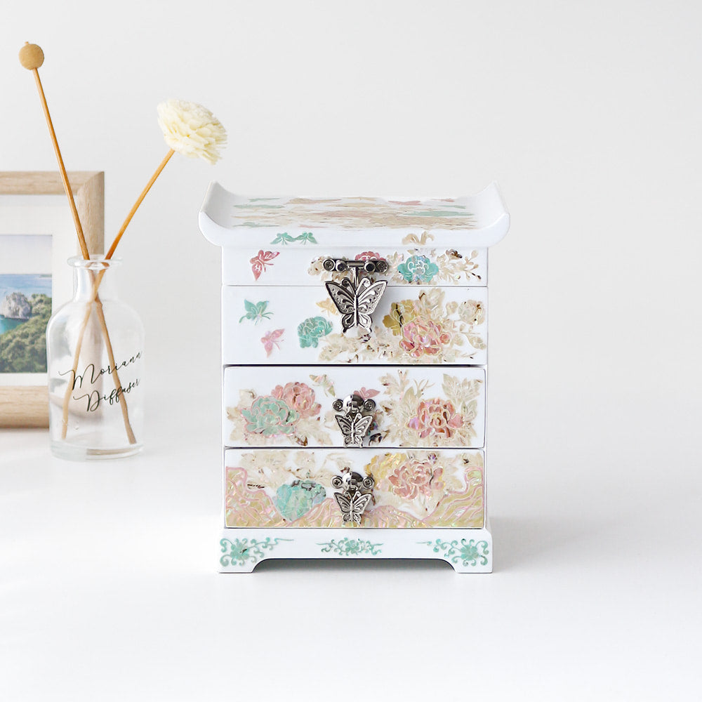 Najeonchilgi Peony White Drawer Mother of Pearl Jewelry Box